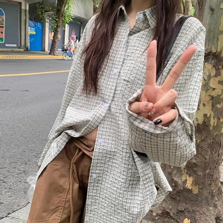 주름 장식 센스 체크무늬 긴팔 polo 여성 셔츠 느긋한 루즈핏 재킷 셔츠 상세 이미지 4