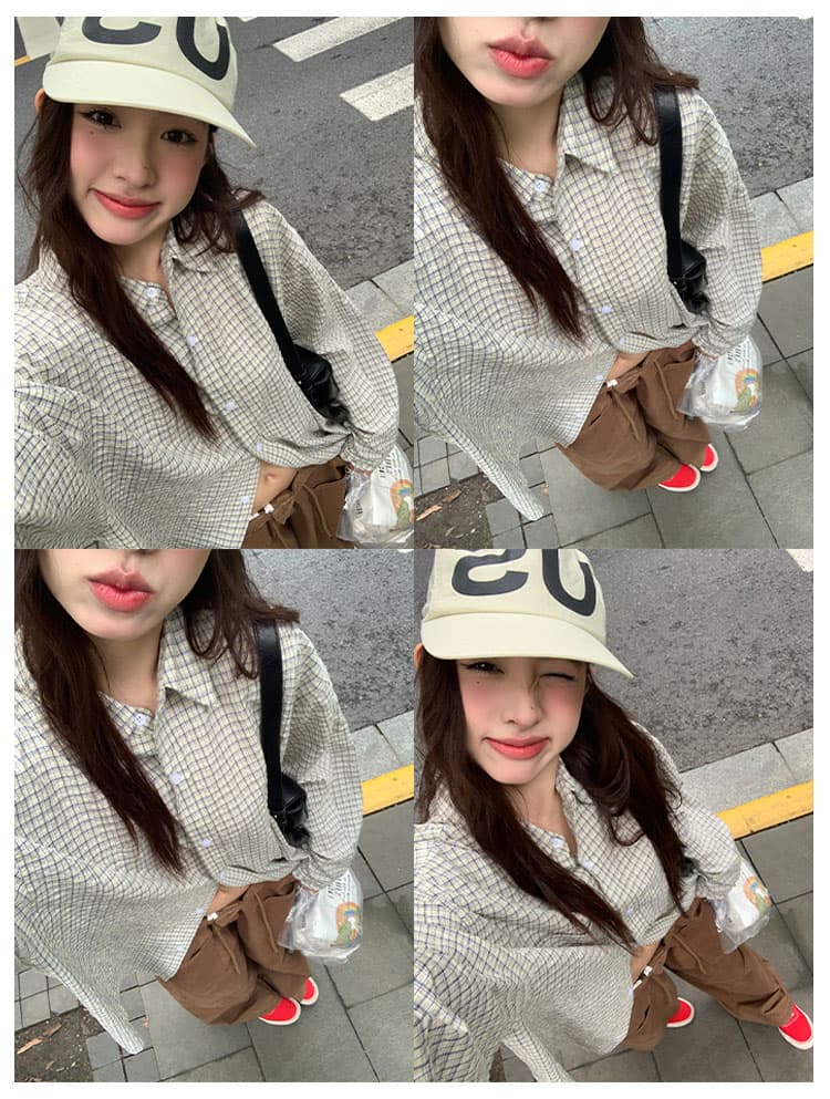 주름 장식 센스 체크무늬 긴팔 polo 여성 셔츠 느긋한 루즈핏 재킷 셔츠 상세 이미지 12
