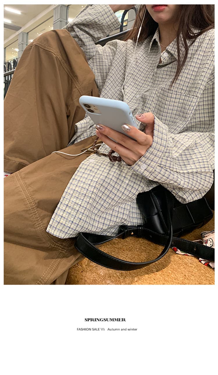 주름 장식 센스 체크무늬 긴팔 polo 여성 셔츠 느긋한 루즈핏 재킷 셔츠 상세 이미지 13