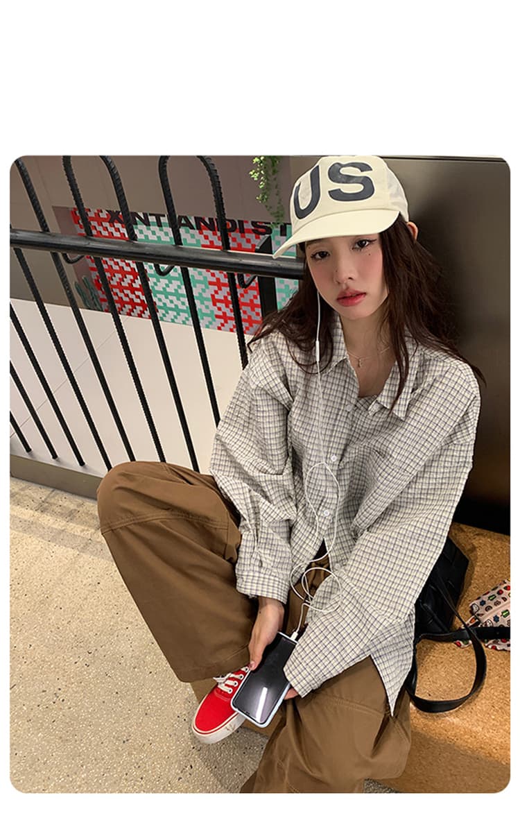 주름 장식 센스 체크무늬 긴팔 polo 여성 셔츠 느긋한 루즈핏 재킷 셔츠 상세 이미지 18