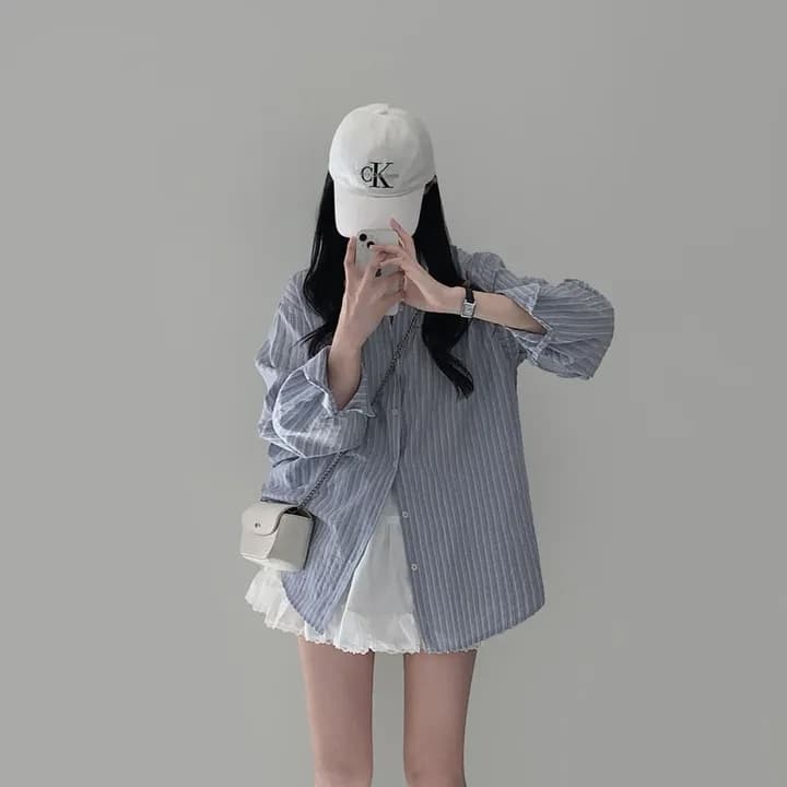 이른 가을 다용도 루즈핏 스트라이프 긴팔 셔츠 맨위 상세 이미지 3