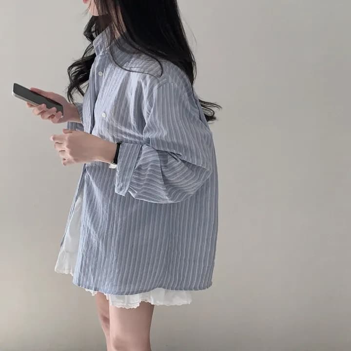 이른 가을 다용도 루즈핏 스트라이프 긴팔 셔츠 맨위 상세 이미지 4