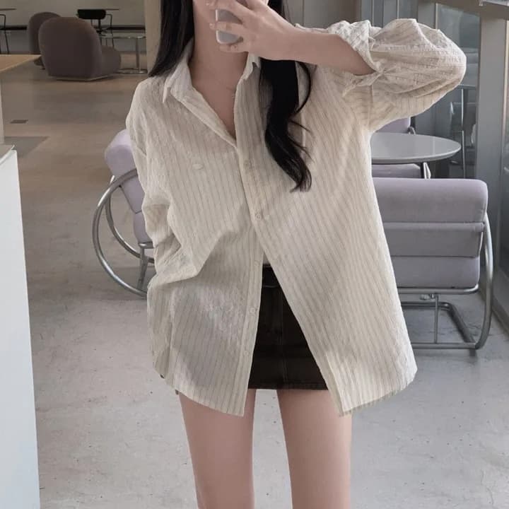 이른 가을 다용도 루즈핏 스트라이프 긴팔 셔츠 맨위 상세 이미지 24