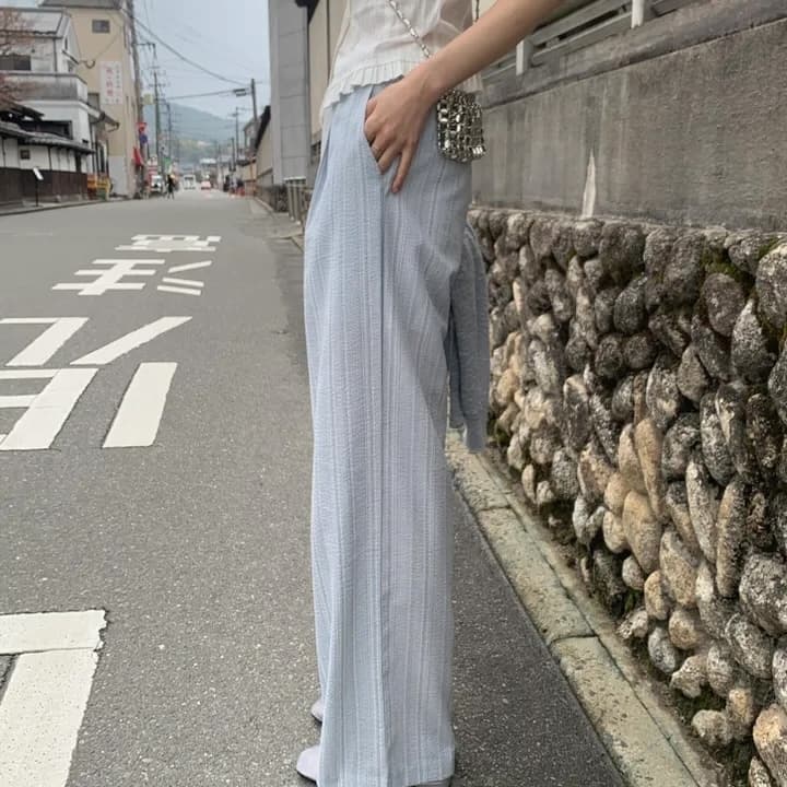 스트라이프 레트로 출퇴근 느긋한 바람 레이스업 캐주얼 바지 여성 상세 이미지 8
