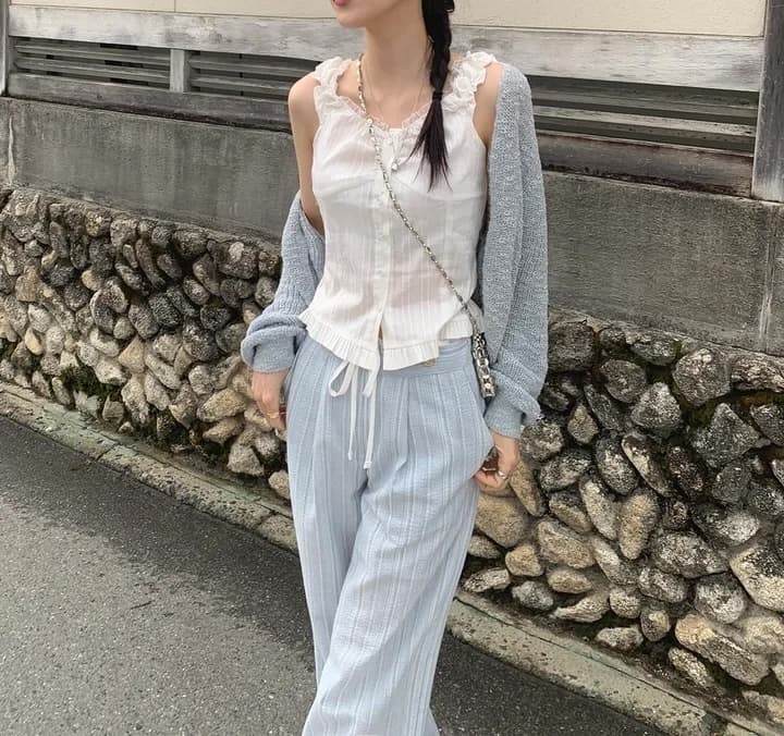 스트라이프 레트로 출퇴근 느긋한 바람 레이스업 캐주얼 바지 여성 상세 이미지 27