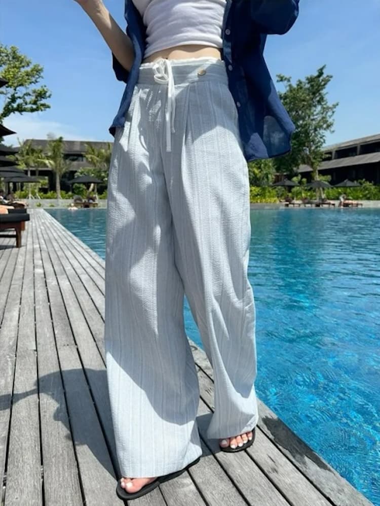 한국 스타일 다용도 스트라이프 레이스업 캐주얼 바지 여성 이미지 4
