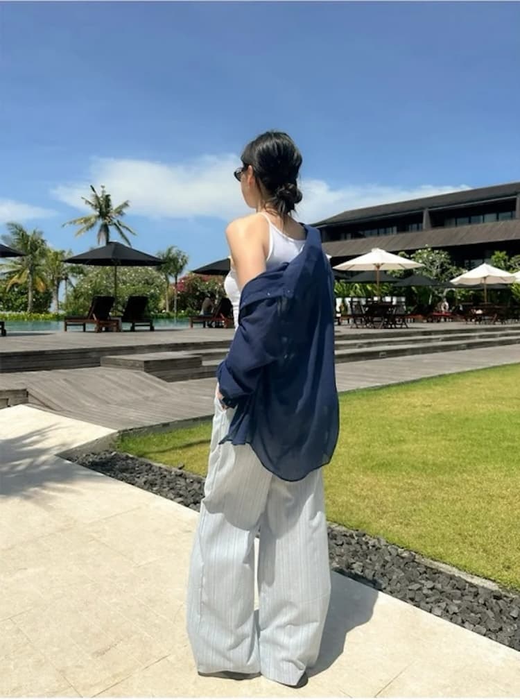 한국 스타일 다용도 스트라이프 레이스업 캐주얼 바지 여성 상세 이미지 2