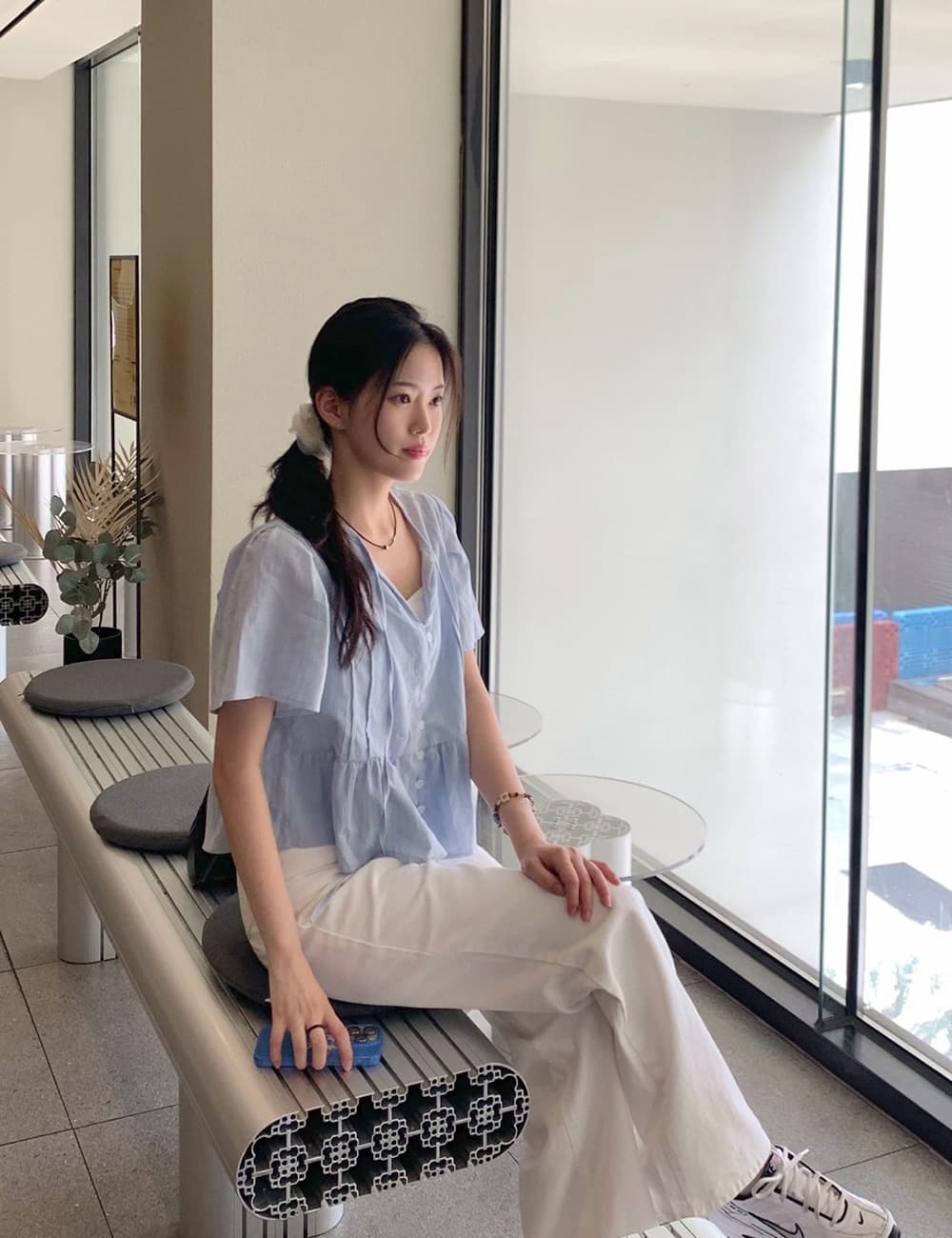 여름 새로운 반팔 레이스업 싱글 줄 버튼 쉬폰 블라우스 셔츠 상세 이미지 65