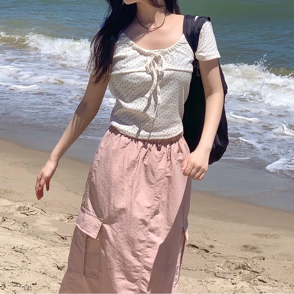 루즈핏 캐주얼 주름 펌프 로프 워크웨어 치마 트임 반신 스커트 상세 이미지 37