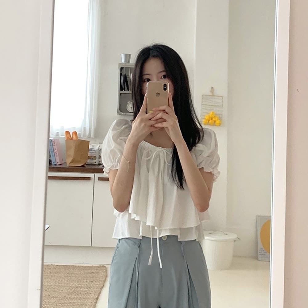 스트랩 이중층 쉬폰 블라우스 거품 소매 광장 칼라 반팔 셔츠