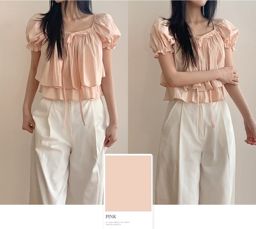 스트랩 이중층 쉬폰 블라우스 거품 소매 광장 칼라 반팔 셔츠 상세 이미지 2