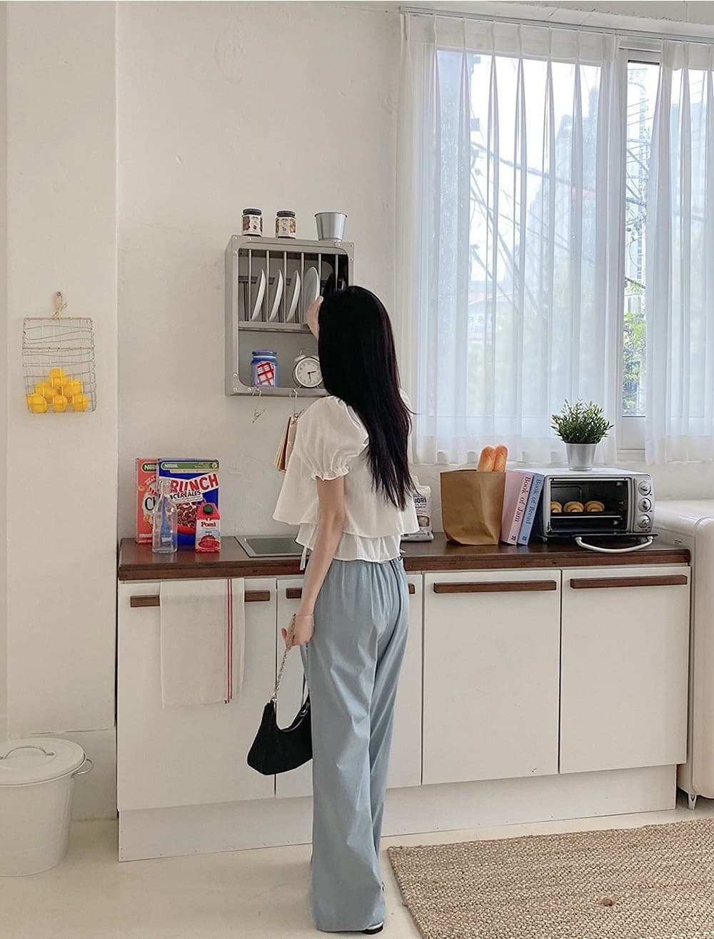 스트랩 이중층 쉬폰 블라우스 거품 소매 광장 칼라 반팔 셔츠 상세 이미지 8