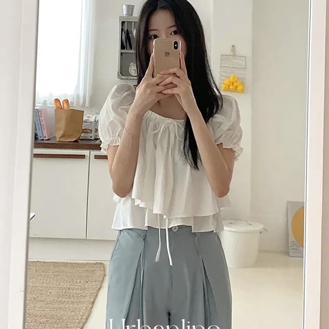 스트랩 이중층 쉬폰 블라우스 거품 소매 광장 칼라 반팔 셔츠 상세 이미지 18