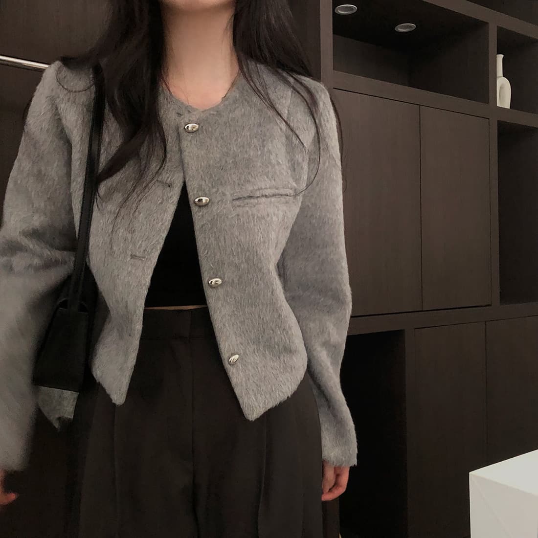 한국 chic 겨울 새로운 레트로 미니멀리즘 싱글 줄 버튼 쇼트 스타일 모직 외투 상세 이미지 1