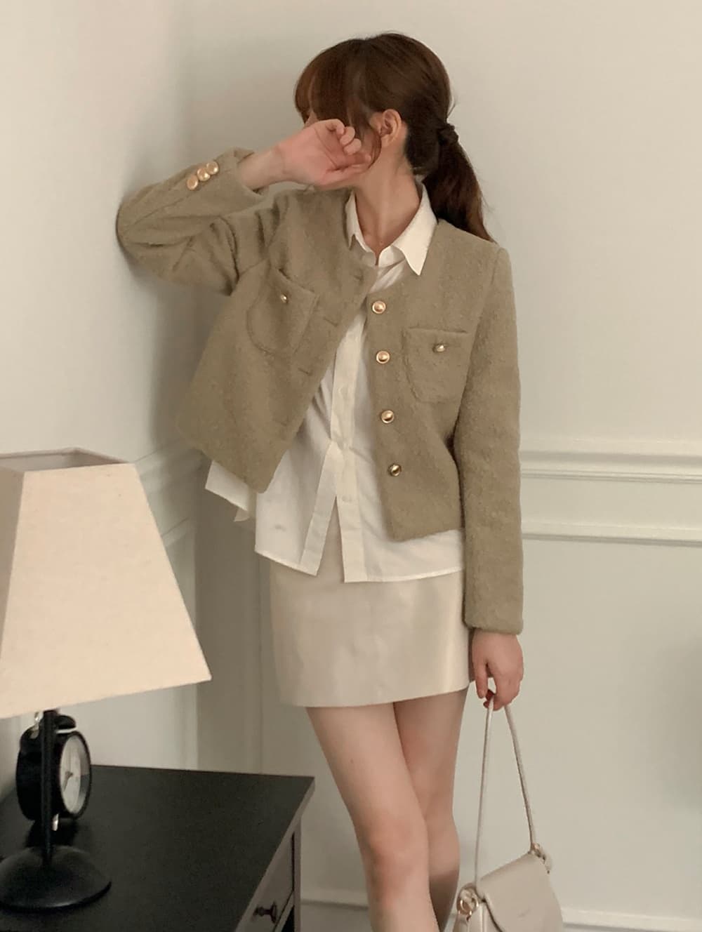 chic 프랑스식 작은 샤넬 스타일 미니멀리즘 쇼트 스타일 싱글 줄 버튼 모직 여성 코트 이미지 4
