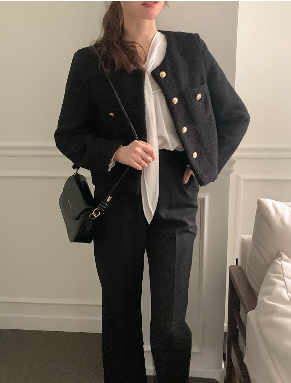 chic 프랑스식 작은 샤넬 스타일 미니멀리즘 쇼트 스타일 싱글 줄 버튼 모직 여성 코트 상세 이미지 14