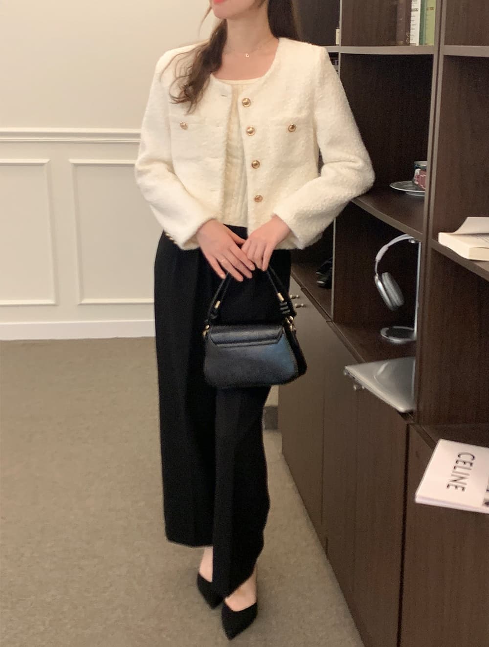 chic 프랑스식 작은 샤넬 스타일 미니멀리즘 쇼트 스타일 싱글 줄 버튼 모직 여성 코트 상세 이미지 31