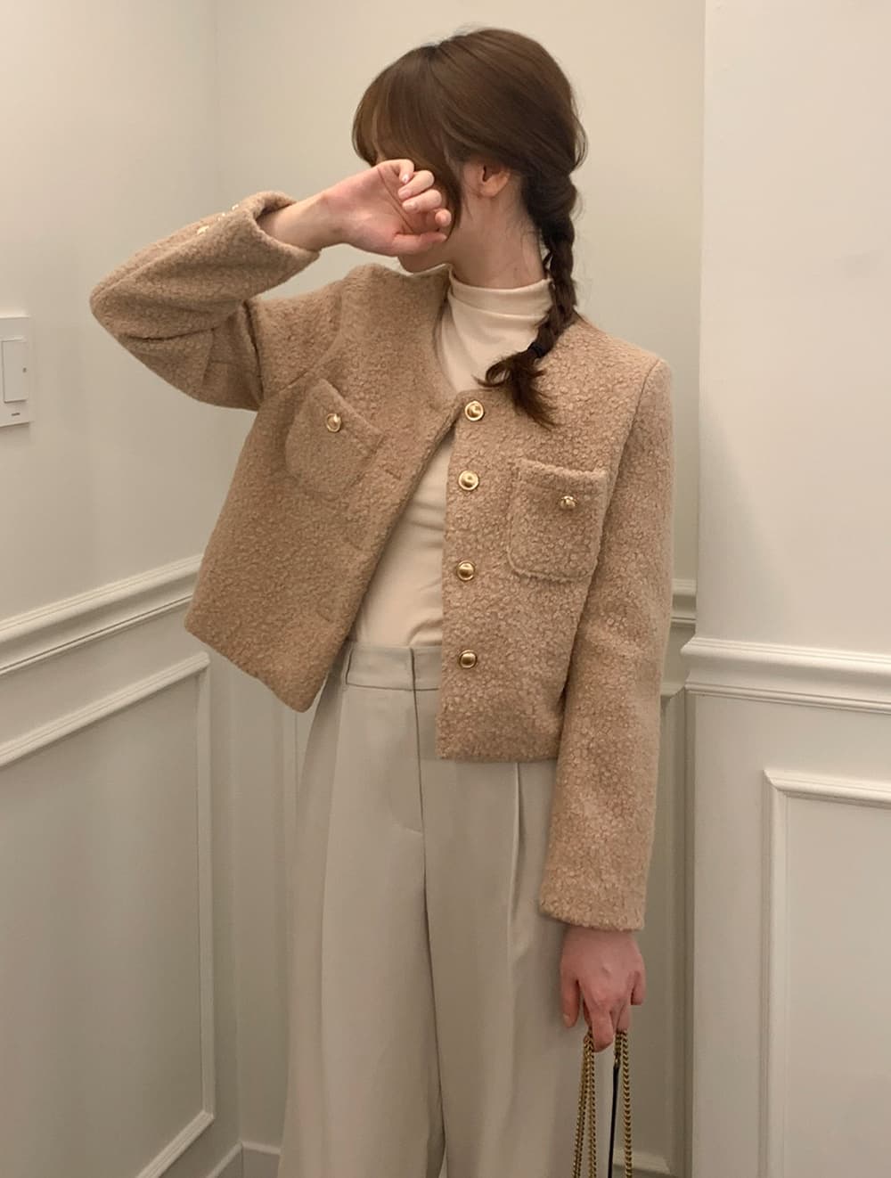 chic 프랑스식 작은 샤넬 스타일 미니멀리즘 쇼트 스타일 싱글 줄 버튼 모직 여성 코트 상세 이미지 37