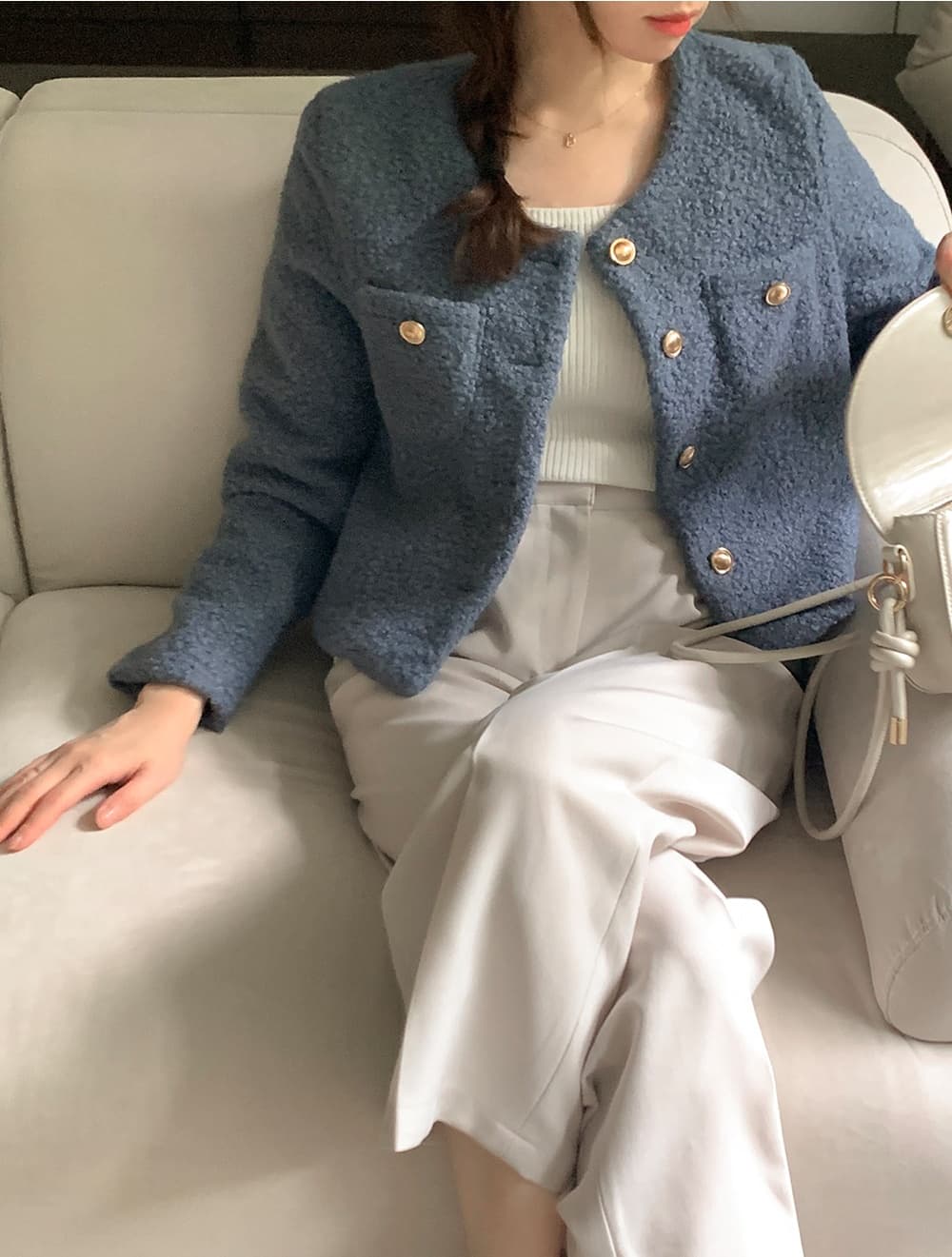 chic 프랑스식 작은 샤넬 스타일 미니멀리즘 쇼트 스타일 싱글 줄 버튼 모직 여성 코트 상세 이미지 62