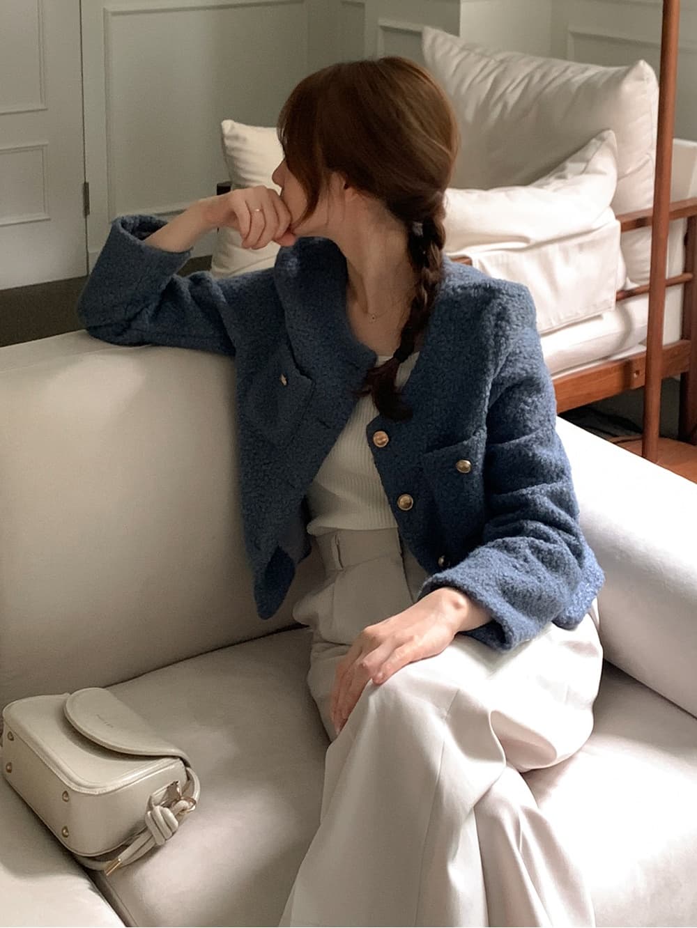 chic 프랑스식 작은 샤넬 스타일 미니멀리즘 쇼트 스타일 싱글 줄 버튼 모직 여성 코트 상세 이미지 65