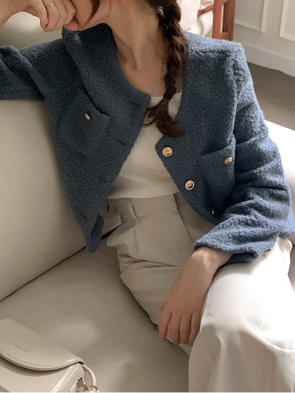 chic 프랑스식 작은 샤넬 스타일 미니멀리즘 쇼트 스타일 싱글 줄 버튼 모직 여성 코트 상세 이미지 66