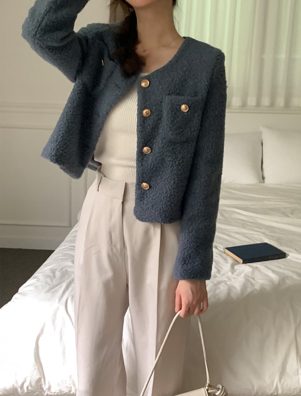 chic 프랑스식 작은 샤넬 스타일 미니멀리즘 쇼트 스타일 싱글 줄 버튼 모직 여성 코트 상세 이미지 68