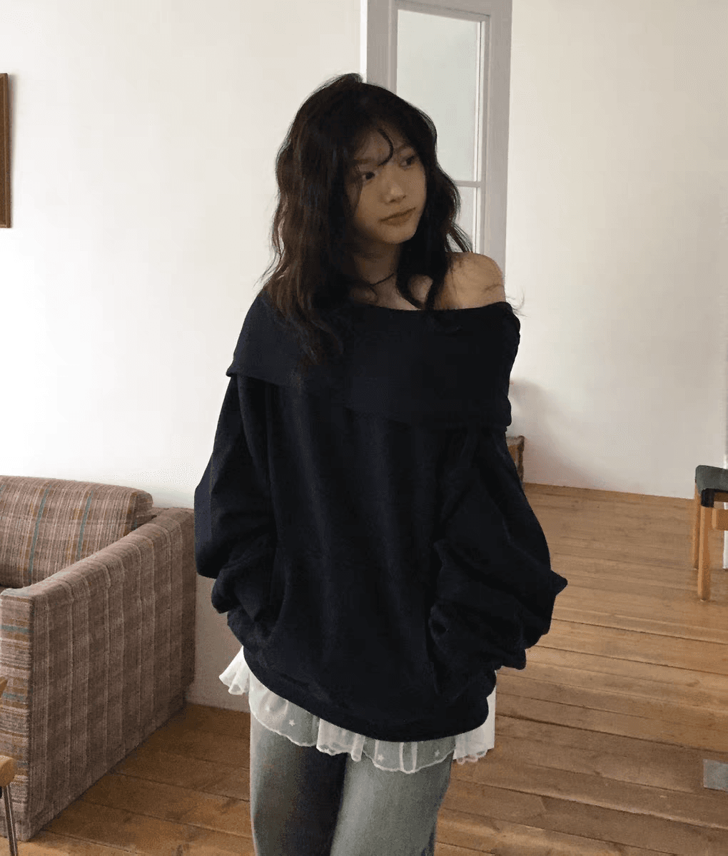 한국 스타일 고급 디자인 센스 면 소재 귀여운 캥거루 뒤집기 칼라 오프숄더 맨위 후드 티 스웨터 상세 이미지 5