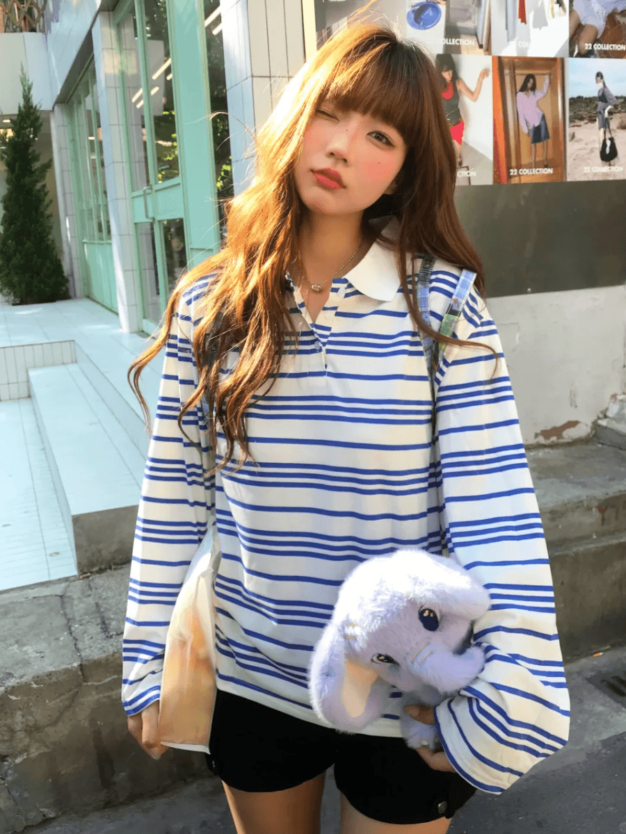 원본 형세 천 POLO 칼라 스트라이프 생방송 품질 라운드 넥 맨위 여성 의류 상세 이미지 5