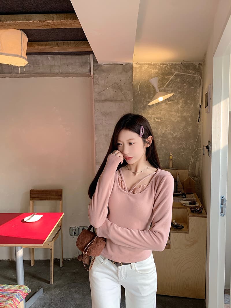 270 그램 뮤 S 양모 긴팔 티셔츠 기본 셔츠 여성 봄 가을 인사이드 가져 가라. 달콤함 레이스 V넥 맨위 이미지 4