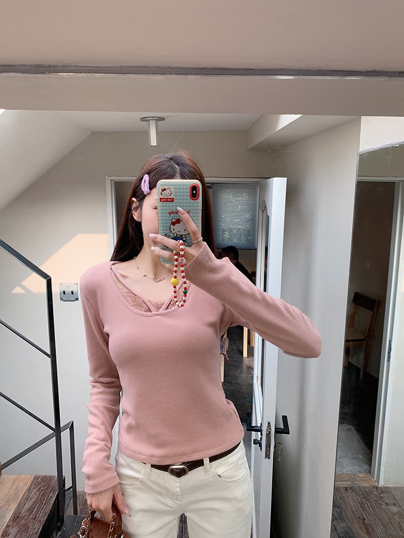 270 그램 뮤 S 양모 긴팔 티셔츠 기본 셔츠 여성 봄 가을 인사이드 가져 가라. 달콤함 레이스 V넥 맨위 상세 이미지 9