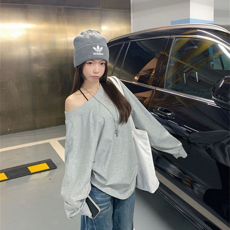 순수한 Mianhua 면 화이트 루즈핏 비스듬한 어깨 후드티 여성 가을 얇은 스타일 재킷 아메리칸 오프숄더 긴팔 티셔츠 맨위 이미지 2