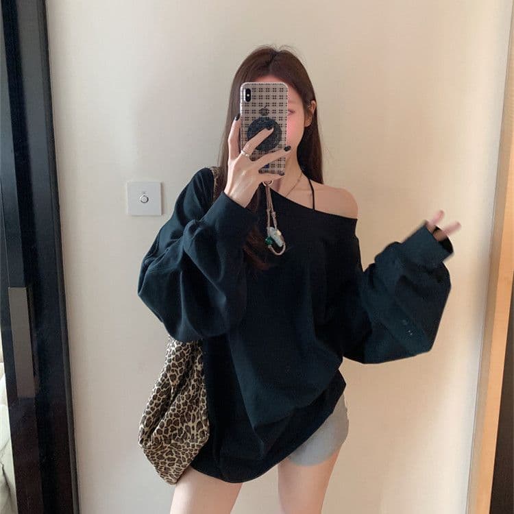 순수한 Mianhua 면 화이트 루즈핏 비스듬한 어깨 후드티 여성 가을 얇은 스타일 재킷 아메리칸 오프숄더 긴팔 티셔츠 맨위 이미지 3