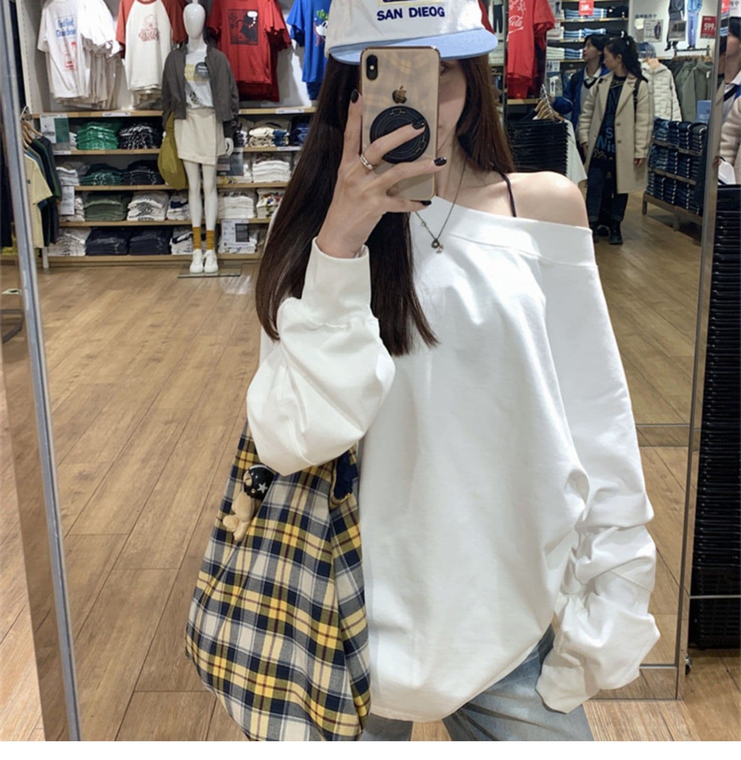 순수한 Mianhua 면 화이트 루즈핏 비스듬한 어깨 후드티 여성 가을 얇은 스타일 재킷 아메리칸 오프숄더 긴팔 티셔츠 맨위 상세 이미지 2
