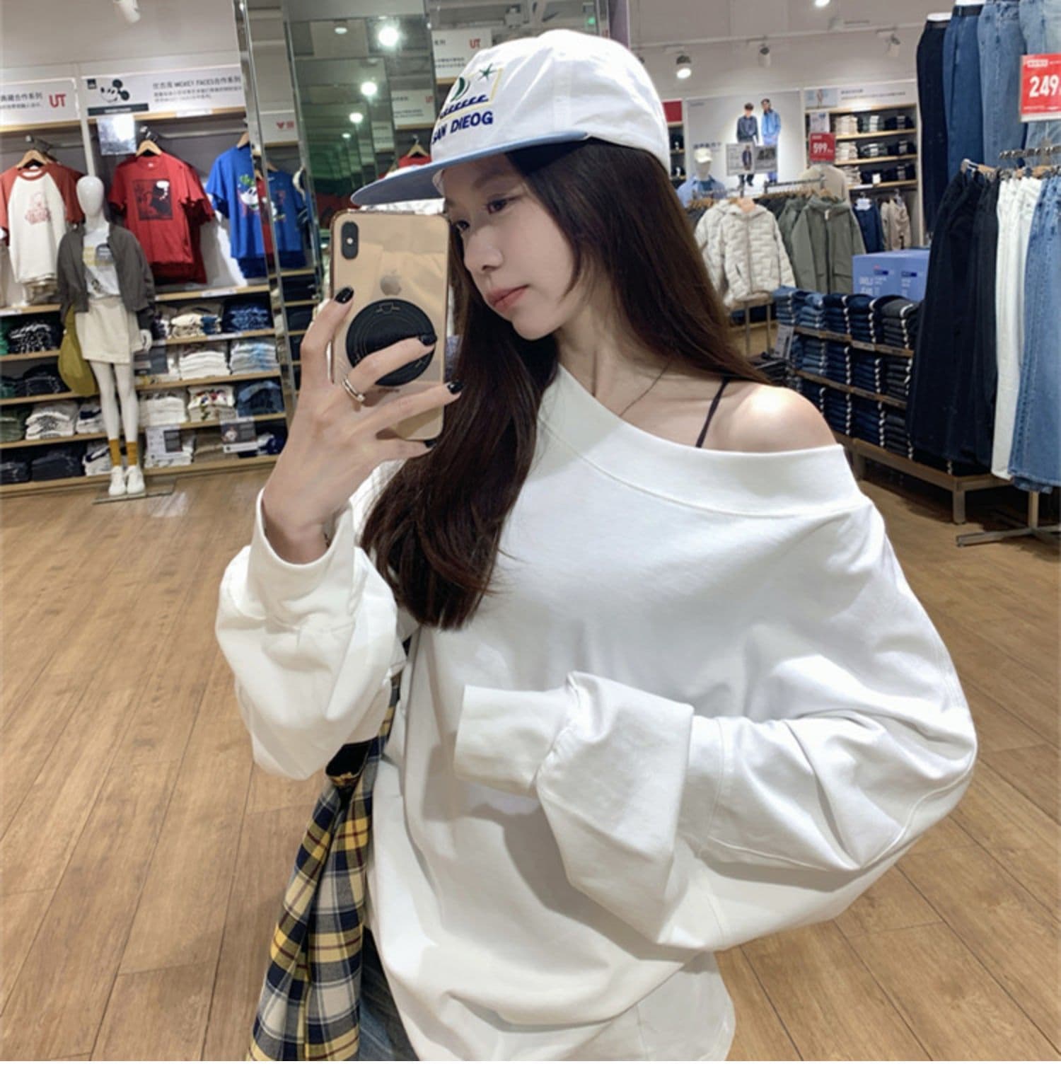 순수한 Mianhua 면 화이트 루즈핏 비스듬한 어깨 후드티 여성 가을 얇은 스타일 재킷 아메리칸 오프숄더 긴팔 티셔츠 맨위 상세 이미지 3