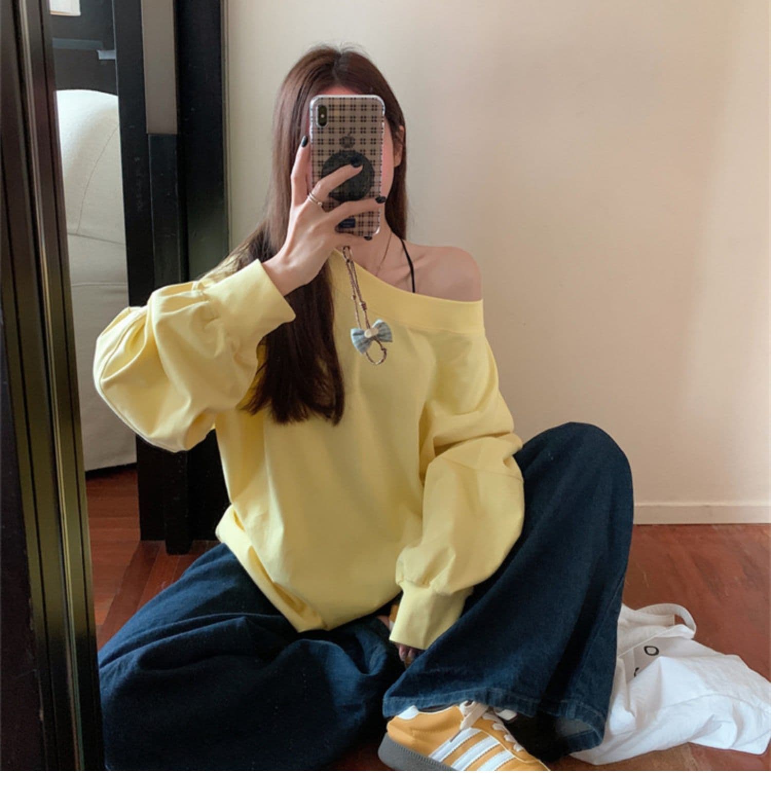 순수한 Mianhua 면 화이트 루즈핏 비스듬한 어깨 후드티 여성 가을 얇은 스타일 재킷 아메리칸 오프숄더 긴팔 티셔츠 맨위 상세 이미지 6