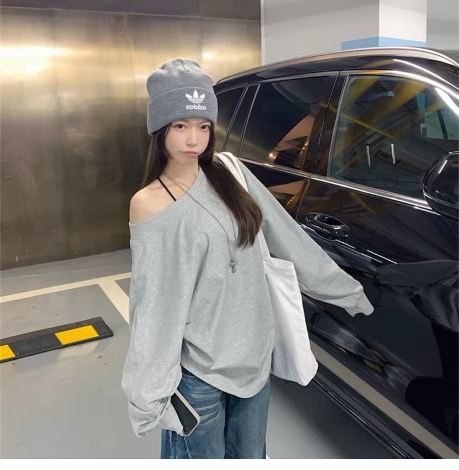 순수한 Mianhua 면 화이트 루즈핏 비스듬한 어깨 후드티 여성 가을 얇은 스타일 재킷 아메리칸 오프숄더 긴팔 티셔츠 맨위 상세 이미지 8