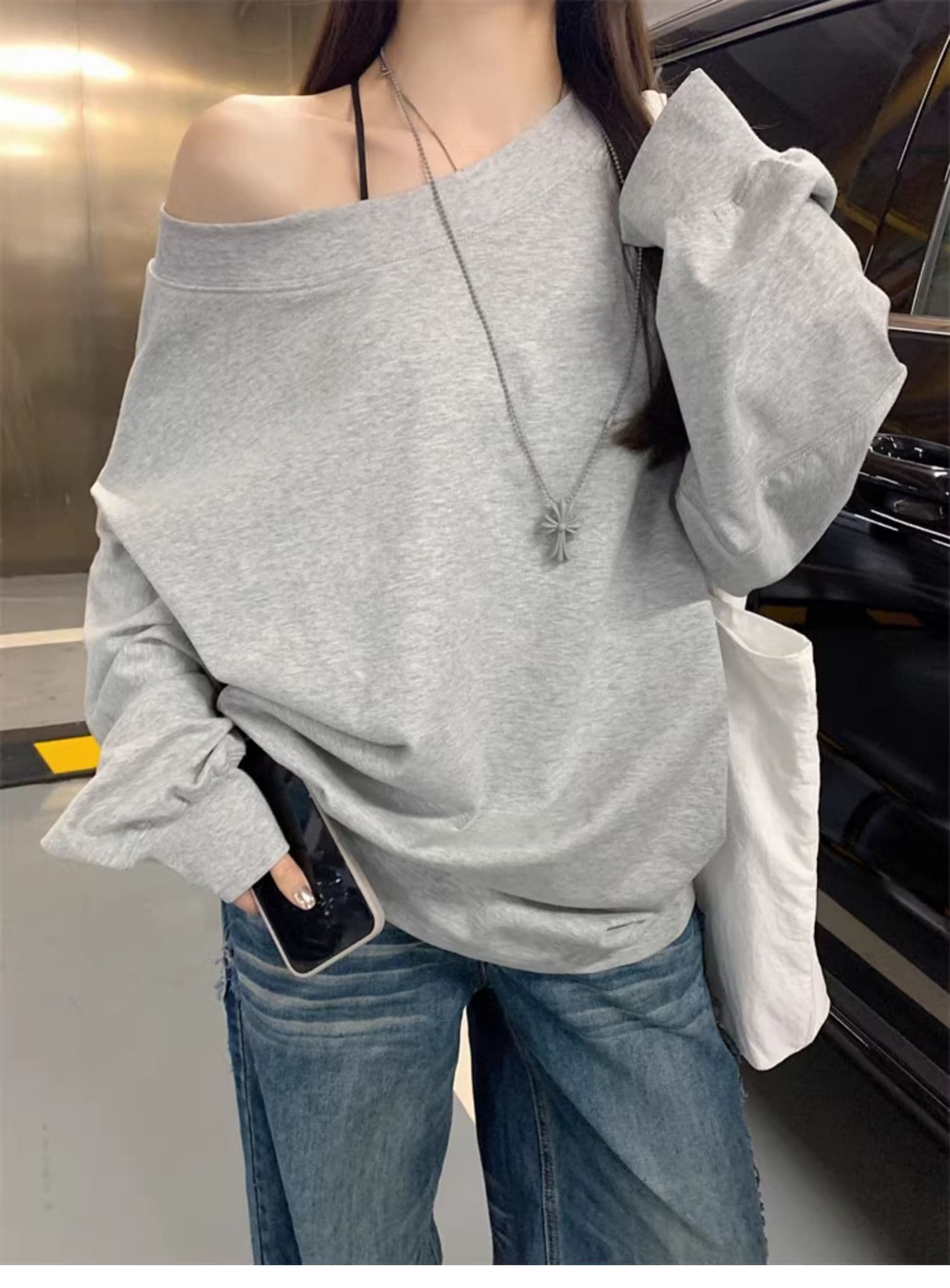 순수한 Mianhua 면 화이트 루즈핏 비스듬한 어깨 후드티 여성 가을 얇은 스타일 재킷 아메리칸 오프숄더 긴팔 티셔츠 맨위 상세 이미지 9