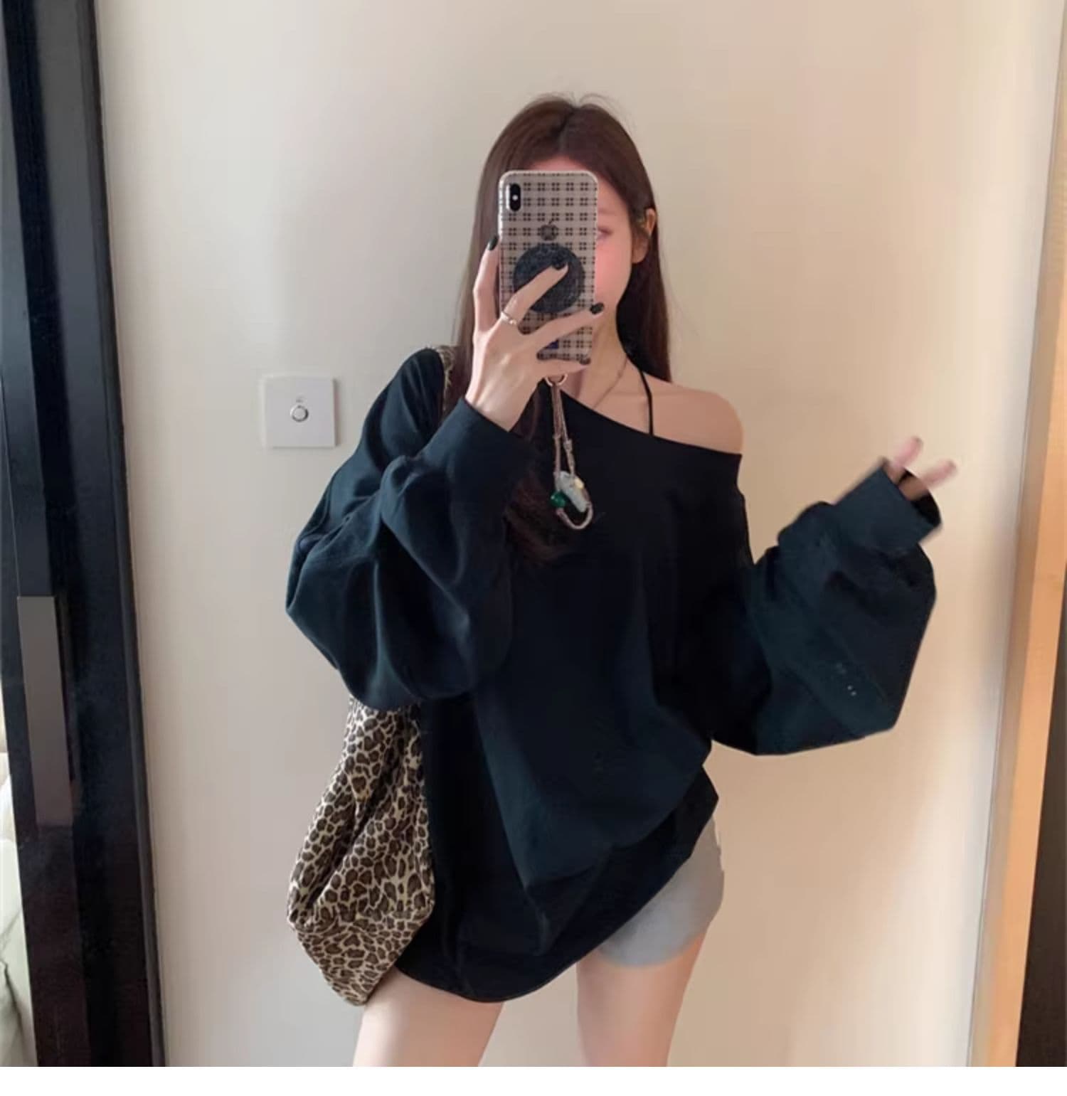 순수한 Mianhua 면 화이트 루즈핏 비스듬한 어깨 후드티 여성 가을 얇은 스타일 재킷 아메리칸 오프숄더 긴팔 티셔츠 맨위 상세 이미지 10
