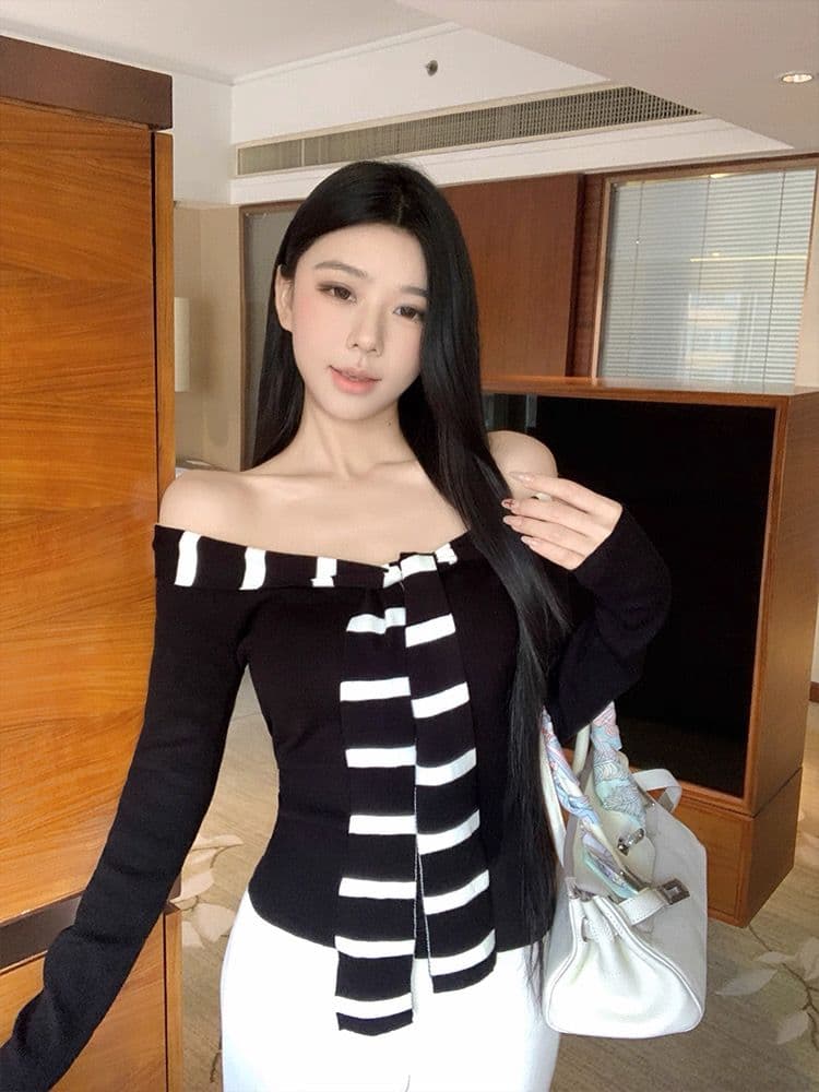 얼음 차가운 실크 새로운 한 부서 디자인 센스 고급 센스 다용도 몸매 가꾸기 슬림해 보이는 오프숄더 긴팔 니트 스웨터 상세 이미지 20