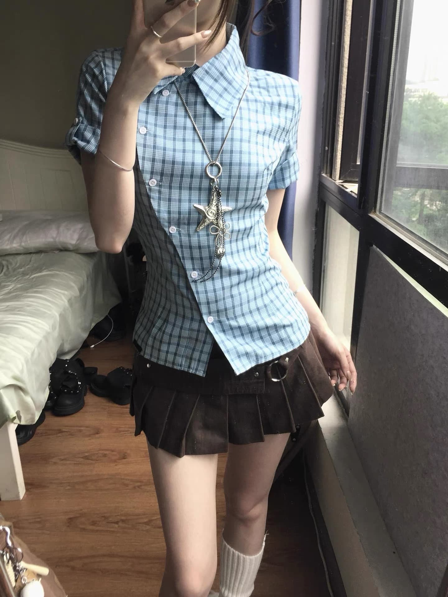 파란색 체크무늬 반팔 여성 셔츠 여름 배색 체크무늬 셔츠 디자인 센스 작은 대중 허리 수축 맨위 이미지 4