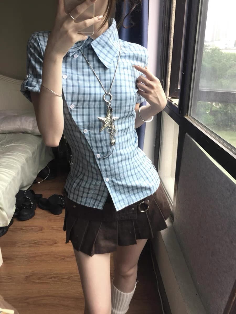 파란색 체크무늬 반팔 여성 셔츠 여름 배색 체크무늬 셔츠 디자인 센스 작은 대중 허리 수축 맨위 상세 이미지 3
