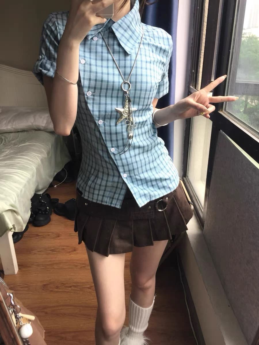 파란색 체크무늬 반팔 여성 셔츠 여름 배색 체크무늬 셔츠 디자인 센스 작은 대중 허리 수축 맨위 상세 이미지 5