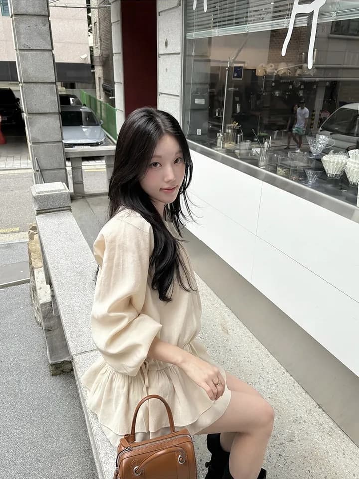 프랑스식 달콤함 부드러운 라운드 수신 Pleat 펌프 로프 허리 수축 작은 키 긴팔 미니 스커트 드레스 상세 이미지 1
