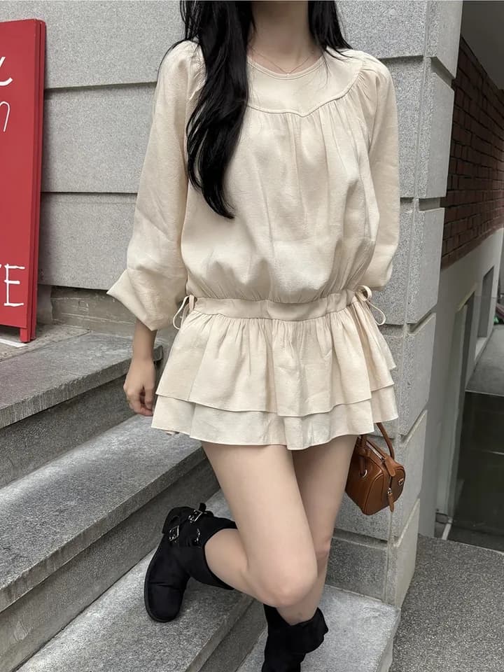 프랑스식 달콤함 부드러운 라운드 수신 Pleat 펌프 로프 허리 수축 작은 키 긴팔 미니 스커트 드레스 상세 이미지 4