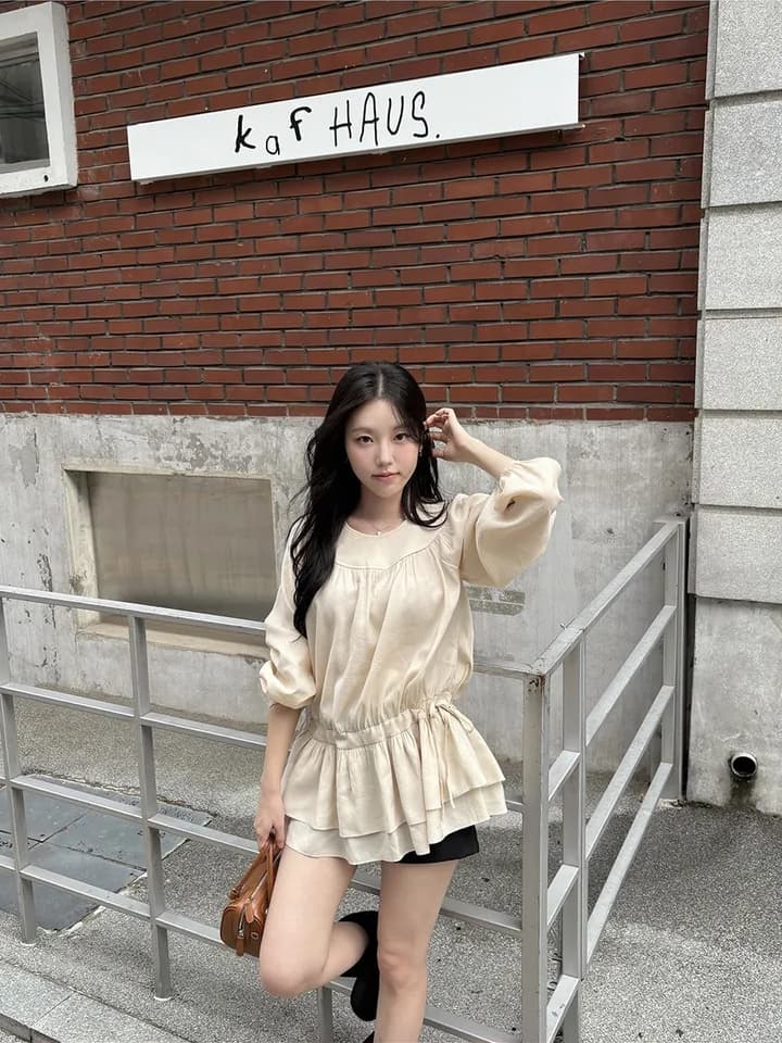 프랑스식 달콤함 부드러운 라운드 수신 Pleat 펌프 로프 허리 수축 작은 키 긴팔 미니 스커트 드레스 상세 이미지 6