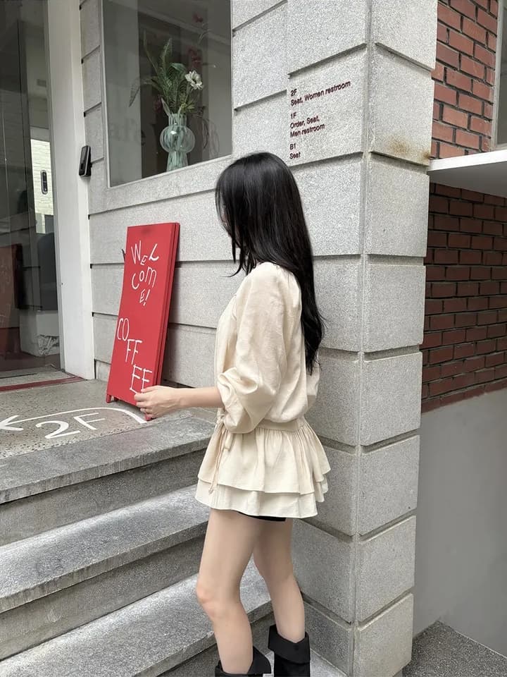 프랑스식 달콤함 부드러운 라운드 수신 Pleat 펌프 로프 허리 수축 작은 키 긴팔 미니 스커트 드레스 상세 이미지 16