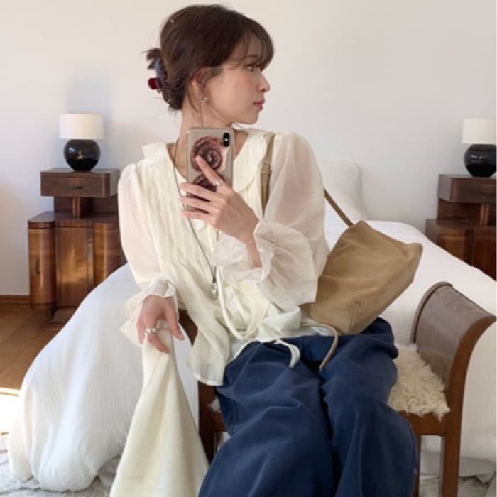 연령 감소 프릴 물결무늬 칼라 플리츠 레이스업 마이크로 ~을 통해 긴팔 셔츠 이미지 2