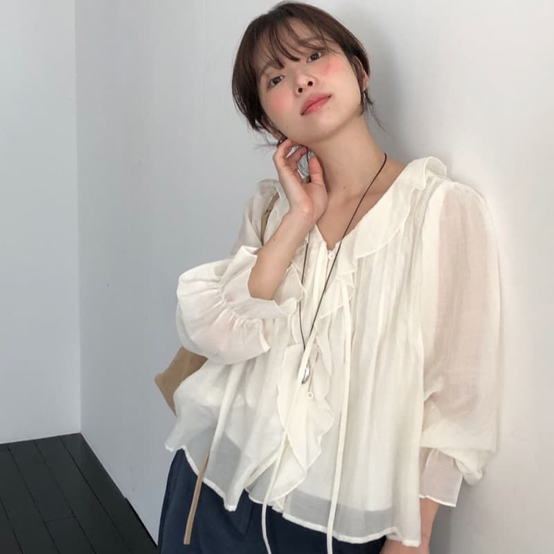 연령 감소 프릴 물결무늬 칼라 플리츠 레이스업 마이크로 ~을 통해 긴팔 셔츠 상세 이미지 1
