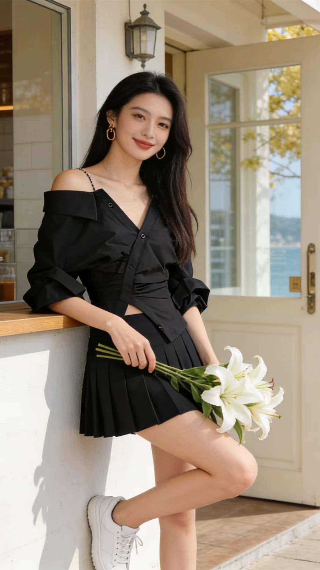 불규칙 V넥 화이트 여성 셔츠 디자인 센스 작은 대중 오프숄더 패션 맨위 고급 센스 Chic 셔츠 이미지 2