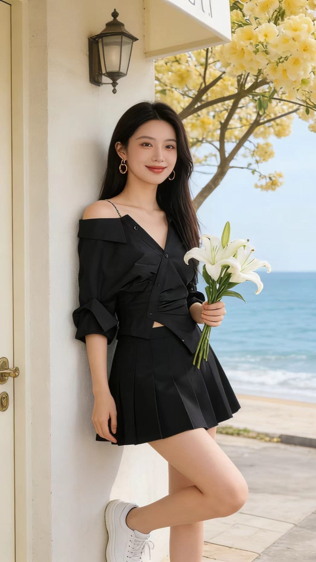 불규칙 V넥 화이트 여성 셔츠 디자인 센스 작은 대중 오프숄더 패션 맨위 고급 센스 Chic 셔츠 상세 이미지 2